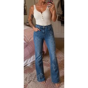 Bambo Cross Appliqué Flare Jeans Y2K Raw Hem Denim
